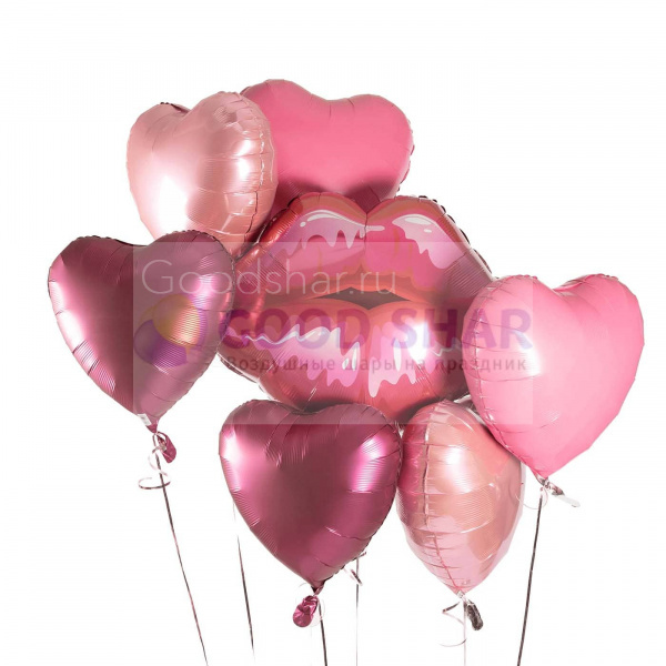 Набор фольгированных сердец и шар - "Губы" розовый