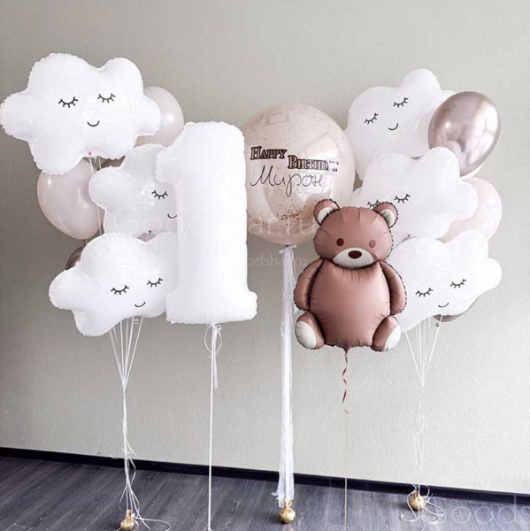 Набор воздушных шаров на годик "Мишка в облаках"