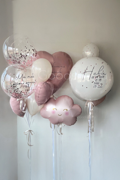 Набор воздушных шаров на выписку для девочки "Нежное облако" Набор воздушных шаров на выписку для девочки "Нежное облако"