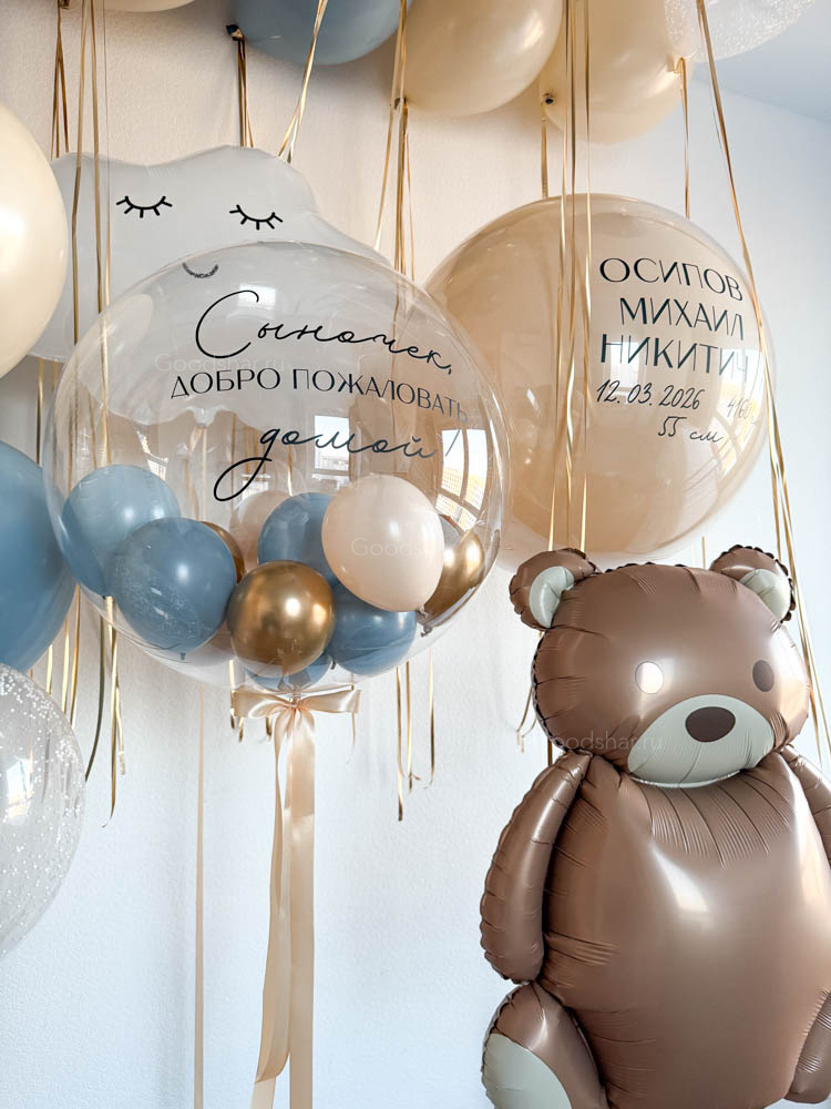 Набор воздушных шаров на выписку для мальчика "Нежное облачко и медвежонок"