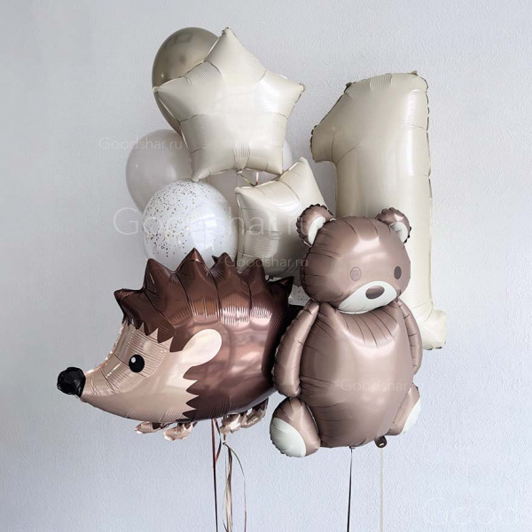 Набор воздушных шаров на годик "Медвежонок и ежонок"