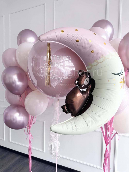 Набор воздушных шаров на выписку для девочки "Мишка на луне"