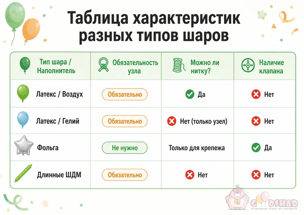 Таблица характеристик разных типов шаров