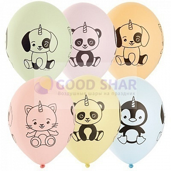 Шарики латексные с рисунком 14 " "Зверята единорожки"