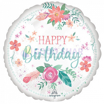 Шар фольгированный 18" "Happy Birthday" цветы Шар фольгированный 18" "Happy Birthday" цветы