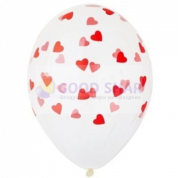 Шар латексный прозрачный 14" "Красные сердечки"